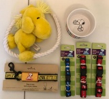 Group of Peanuts Dog collar, leash, toy and bowl