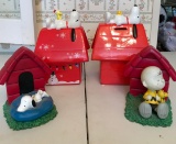 Group of Snoopy banks and peanuts Bookends