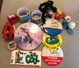 Group of Peanuts pins, stickers, watch, painted eggs