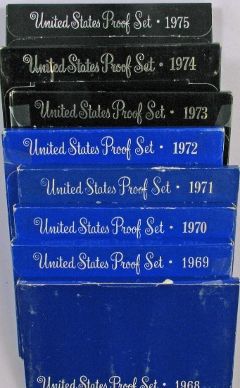 Lot of (8) U.S. Proof Sets 1968-1975.