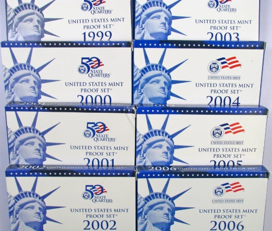Lot of (8) U.S. Proof Sets 1999-2006.