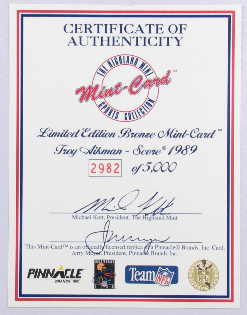 The Highland Mint Troy Aikman Bronze Score 1989 Mint Card. | Coins &  Currency Coins US Coins | Online Auctions | Proxibid