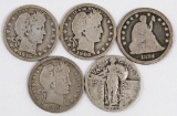 Lot of (5) U.S. Silver Quarters Seated, Barber & Standing Liberty.