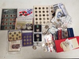 Box full of misc U.S. Coins, Silver, Commemoratives, Morgan Dollars, Coin Sets & more.
