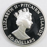 1989 $50 Pitcairn Islands HMAV Bounty 5oz. .999 Silver.