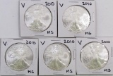 Lot of (5) 2010 American Silver Eagles.