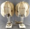 Pair of antique cut glass table lamps with ornate shades and hanging crystals