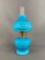 Blue satin case glass miniature oil lamp with Daisy design