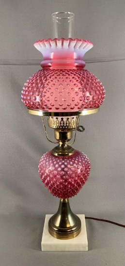 Vintage cranberry opalescent hobnail electrified table lamp