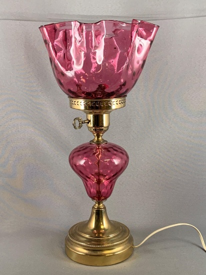 Vintage cranberry glass electrified table lamp with ruffle edge shade