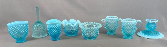 Group of eight blue opalescent hobnail glass items