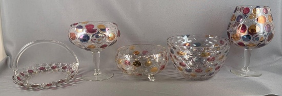 Group of five polkadot glass items