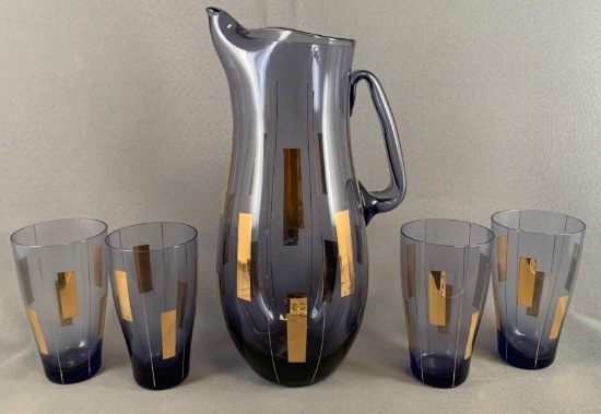 Vintage blue glass five piece lemonade set