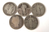 Group of five silver quarters
