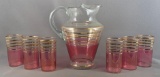 Vintage seven piece cranberry flash glass lemonade set