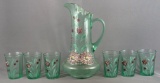 Vintage seven piece mint green glass of lemonade set with hand painted floral design