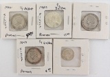 Lot of (5) misc Panama Silver Coins includes 1/4 & 1/10 Balboas.