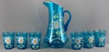 Seven piece blue glass lemonade set with hand painted floral design