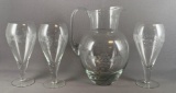 Vintage four piece etched glass lemonade set with grape and cable design