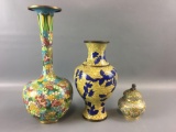 Group of 3 Oriential Enameled Metal Vases & Covered Pot.
