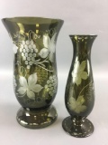 Group of 2 Egermann Czech Republic Olive Etched Glass Vases.