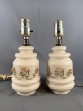 Group of two satin glass table lamps with applied Decour