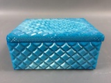 Blue Slag Glass Diamond Pattern Covered Trinket Box.