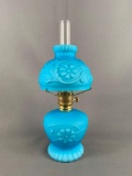 Blue satin case glass miniature oil lamp with Daisy design
