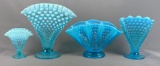Group of four blue opalescent hobnail glass fan Group of four blue open lesson hobnail glass fan
