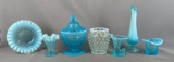Group of Seven blue opalescent glass items