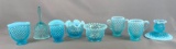 Group of eight blue opalescent hobnail glass items