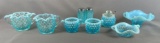 Group of nine blue opalescent hobnail glass items