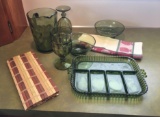 Group of 6 Clear Green Glass Kitchen Dishes and more