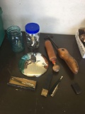 Group of vintage razors, Mercury oil lamp reflector and more