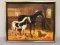 Framed oil painting of animals in barn