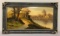 Framed oil painting of lake trees and trail