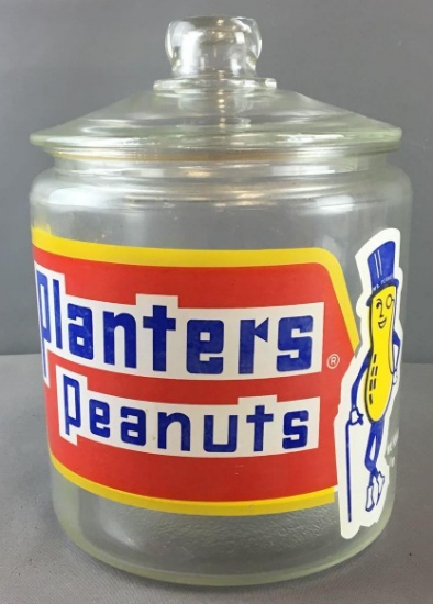 Vintage Planters Peanuts Advertiisng Glass Jar with Lid