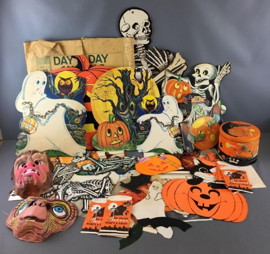 Group of Vintage Halloween Decorations and Masks