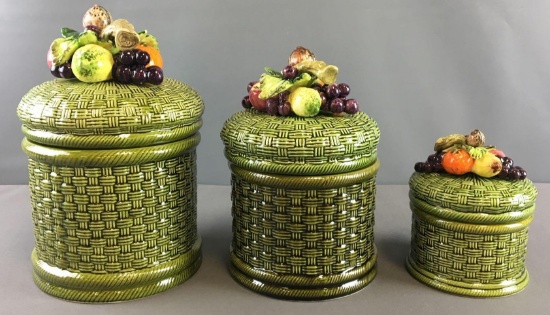 Group of 3 Vintage Basketweave Green Canister Set
