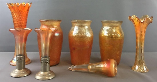 Group of 8 Marigold Iridescent Carnival Glass Vases