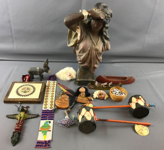 Group of Native American decor, drums, beaded items
