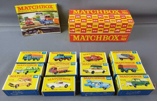 Group of 12 Matchbox Toy Car Boxes, Gift Pack Box, and 1969 Collectors Catalog