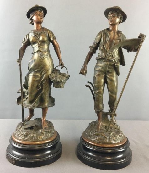 Group of 2 Antique Sarcleuse and Laboureur Metal Statues
