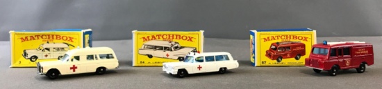 Group of 3 Matchbox Diecast Toy Cars: Firetruck & Ambulance.