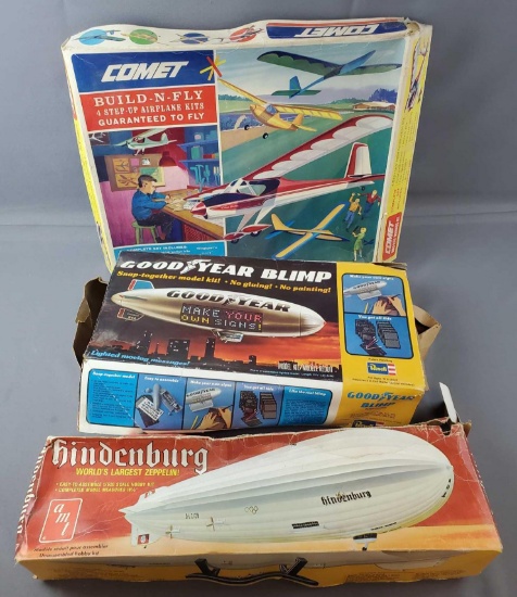 Group of 3 Toy Model Kits: Blimp, Zeppelin, and Airplane.