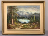 Vintage framed oil painting mountain lake scene
