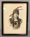 Vintage framed hand colorized Native American Woman