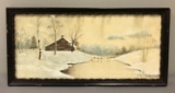 Vintage framed painting winter scene, cabin and stream