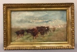 Vintage framed painting of cattle in field