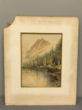 Vintage painting of lakeshore and mountain